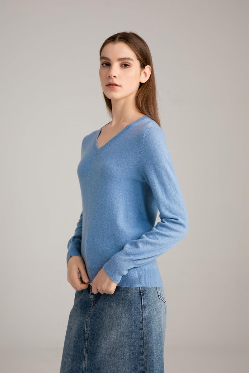 State Cashmere Womenâ€™s Essential V-Neck Sweater 100% Pure Cashmere Classic Long Sleeve Pullover (Bella Blue, Medium) - Image 3